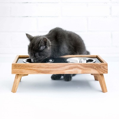 A cat eating from a luxury food and water dish